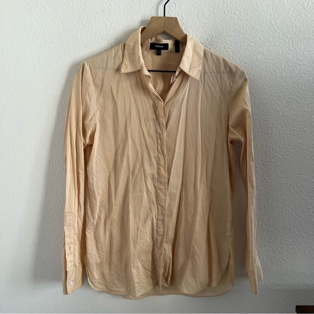 Theory Classic Straight Shirt Neutral Tan Long Sleeve Small